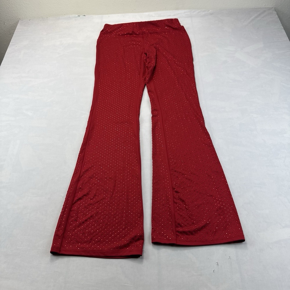 Forever 21 Women's Medium Red Rhinestone Studded Flare Pants Y2K Stretch